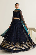 Dual-Tone Navy Teal: Printed & Embroidered Chiffon Maxi