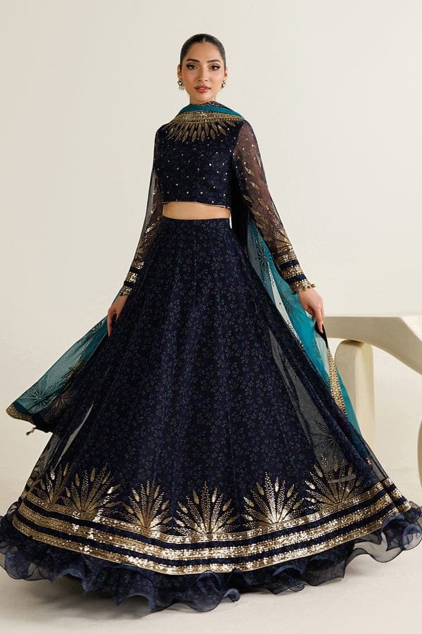 Dual-Tone Navy Teal: Printed & Embroidered Chiffon Maxi