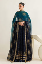 Dual-Tone Navy Teal: Printed & Embroidered Chiffon Maxi