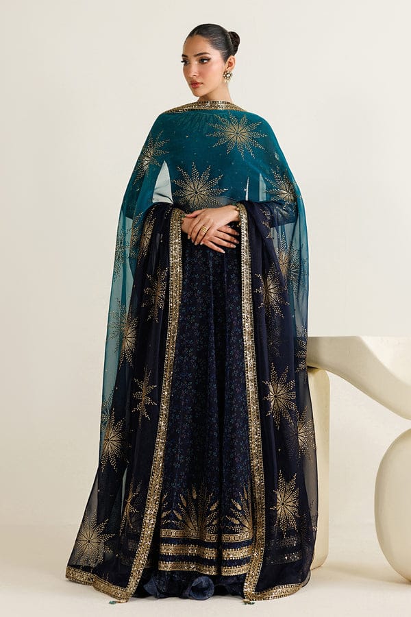 Dual-Tone Navy Teal: Printed & Embroidered Chiffon Maxi