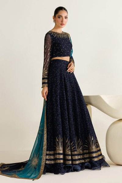 Dual-Tone Navy Teal: Printed & Embroidered Chiffon Maxi