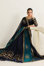 Dual-Tone Navy Teal: Printed & Embroidered Chiffon Maxi