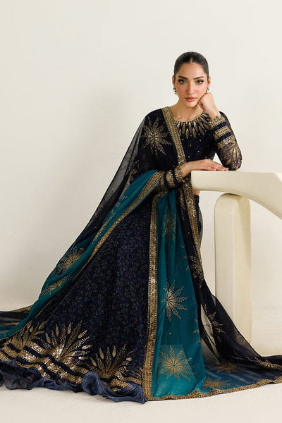 Dual-Tone Navy Teal: Printed & Embroidered Chiffon Maxi