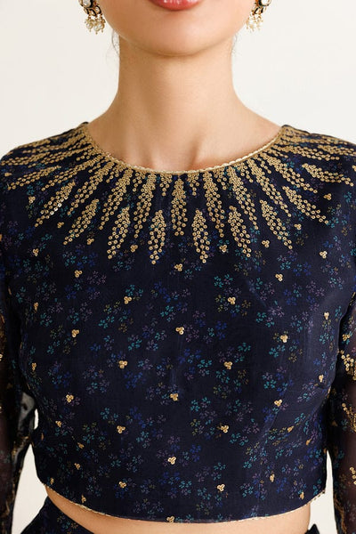 Dual-Tone Navy Teal: Printed & Embroidered Chiffon Maxi