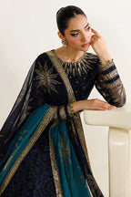 Dual-Tone Navy Teal: Printed & Embroidered Chiffon Maxi