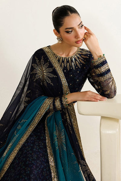 Dual-Tone Navy Teal: Printed & Embroidered Chiffon Maxi