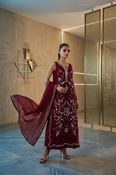 Oxblood Crystal Flora Royale: Embroidered Silk Suit