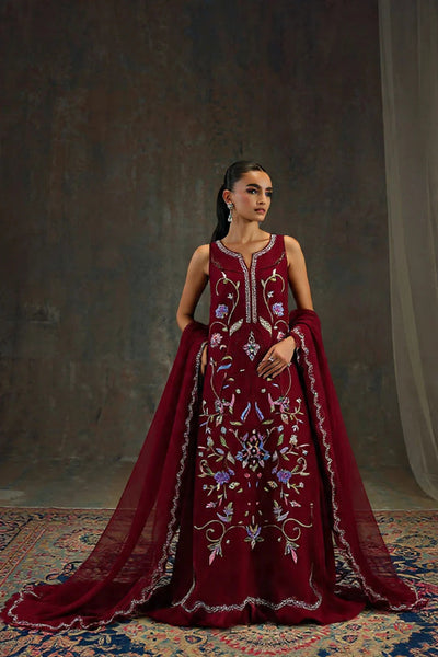 Oxblood Crystal Flora Royale: Embroidered Silk Suit