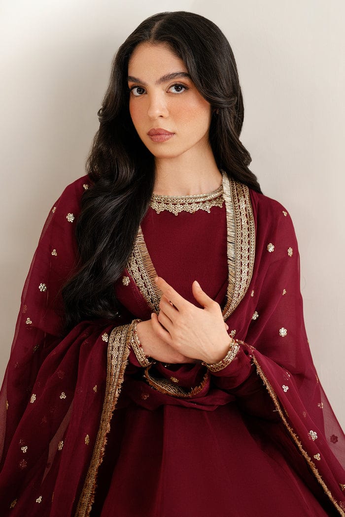Deep Ruby Maroon & Antique Gold: Embroidered Chiffon Suit