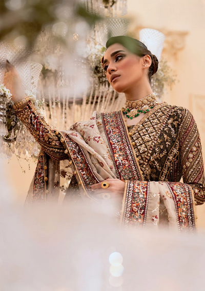 Deep Antique Bronze & Charcoal: Heavy Embroidered Organza Suit | Ready To Wear
