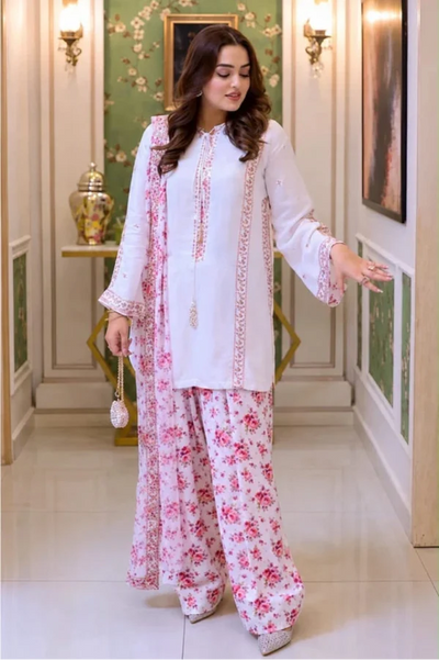 Ivory White & Blush Pink: Floral Printed Silk Suit | Ready To Wear