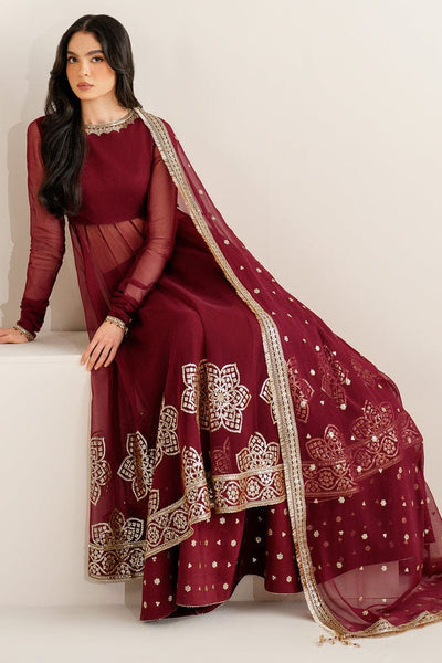 Deep Ruby Maroon & Antique Gold: Embroidered Chiffon Suit