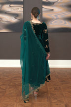 Emerald Green & Gold: Flared Velvet Frock | Ready To Wear