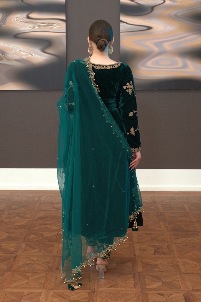 Emerald Green & Gold: Flared Velvet Frock | Ready To Wear