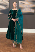 Emerald Green & Gold: Flared Velvet Frock | Ready To Wear