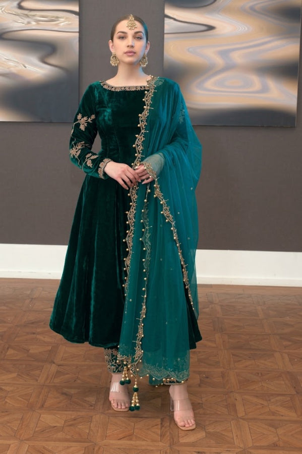 Emerald Green & Gold: Flared Velvet Frock | Ready To Wear