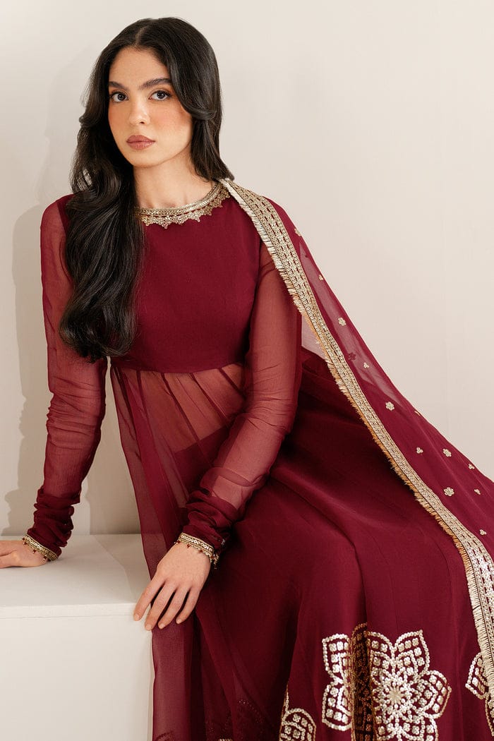 Deep Ruby Maroon & Antique Gold: Embroidered Chiffon Suit