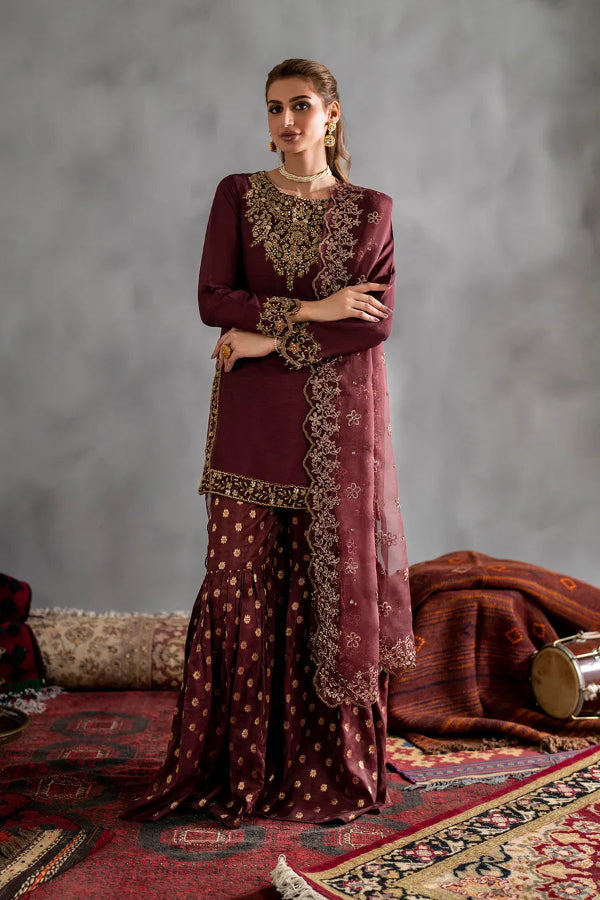 Mahogany Wine & Gold Accent: Embroidered Chiffon Suit