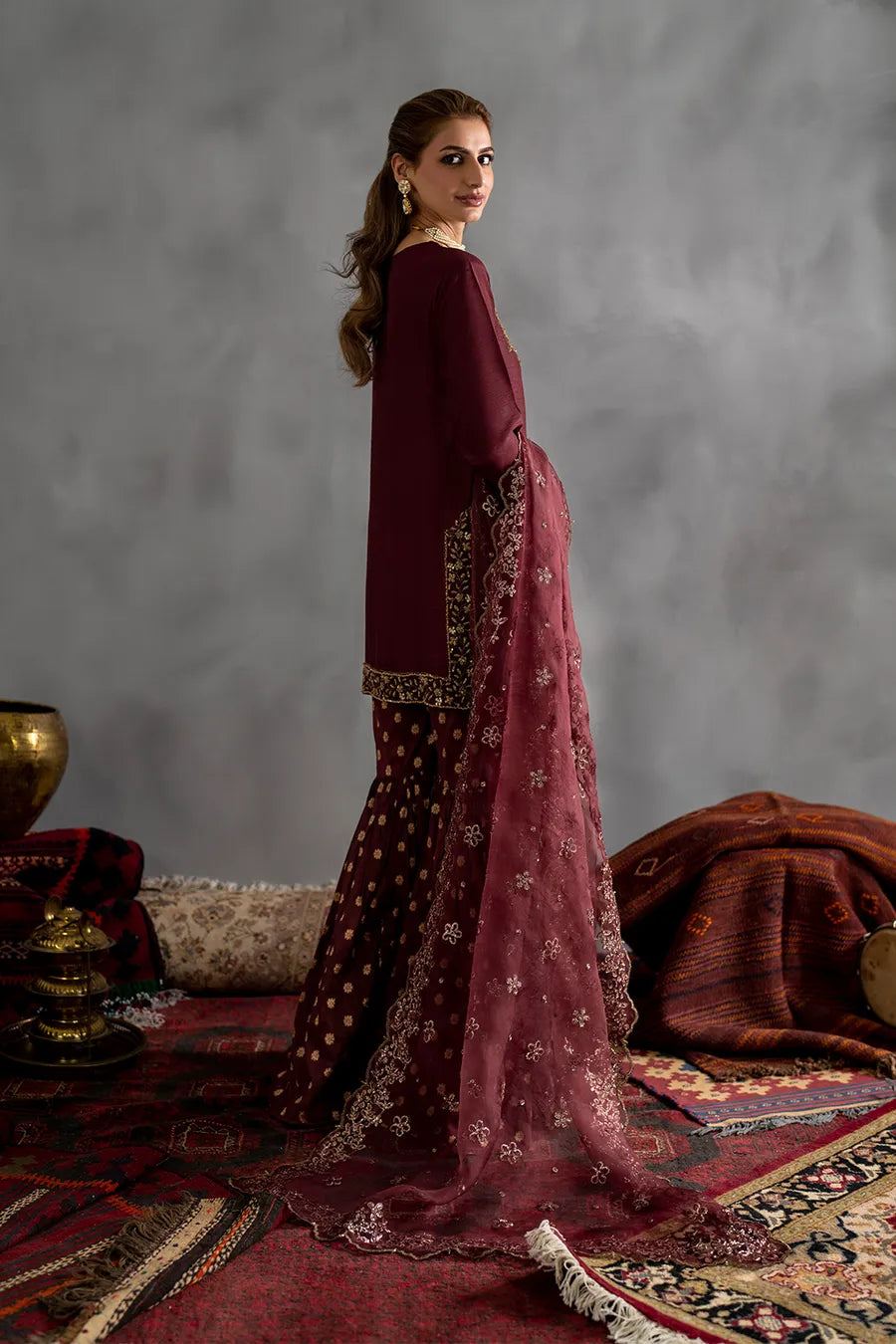 Mahogany Wine & Gold Accent: Embroidered Chiffon Suit