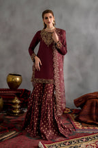 Mahogany Wine & Gold Accent: Embroidered Chiffon Suit