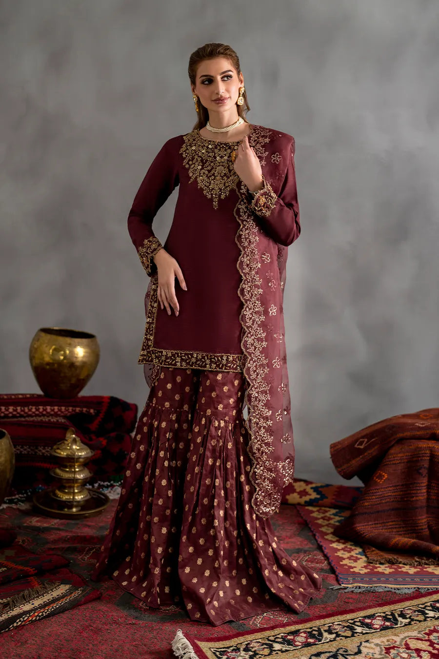Mahogany Wine & Gold Accent: Embroidered Chiffon Suit