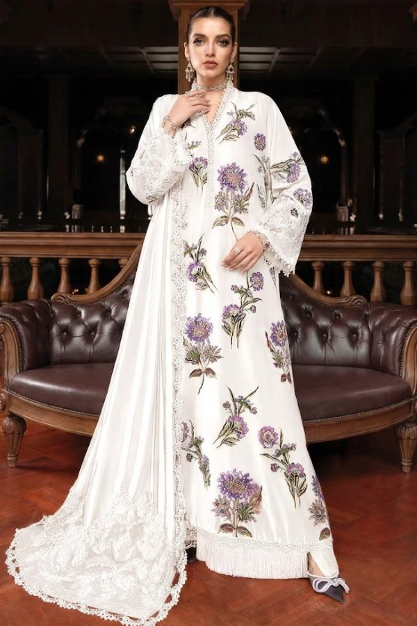 Pure White & Lavender Accent: Embroidered Silk Suit
