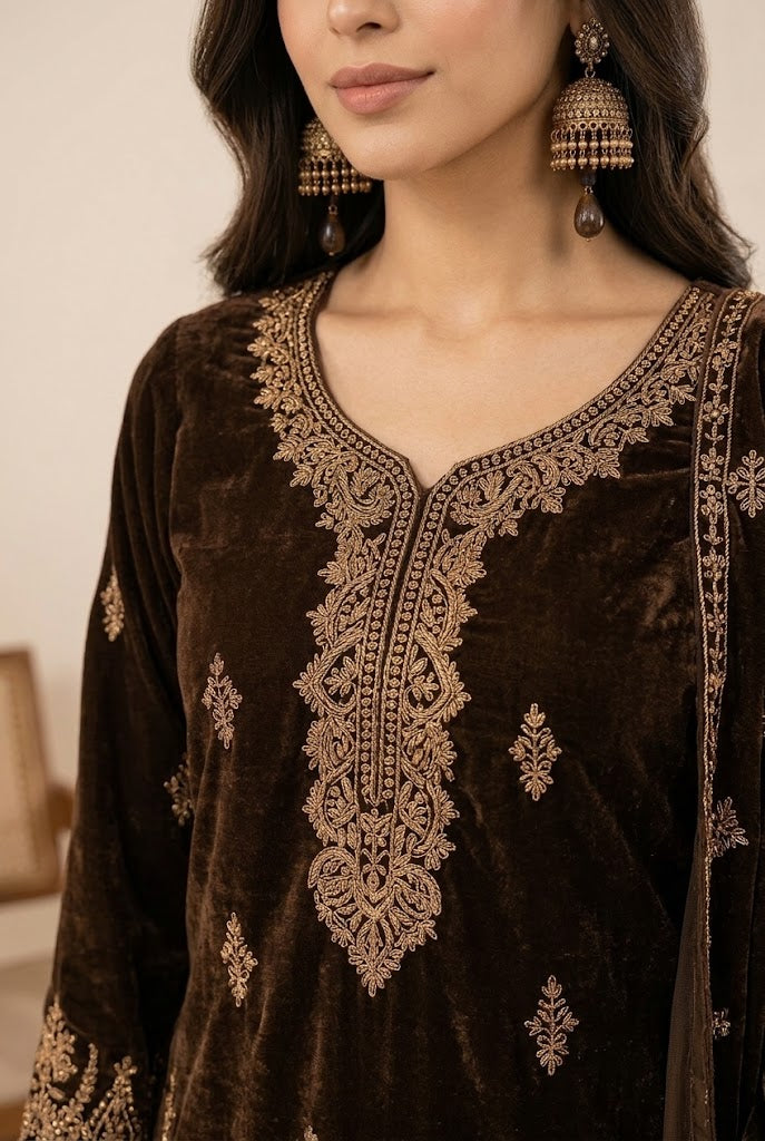 Deep Chocolate Brown & Antique: Embroidered Velvet Suit