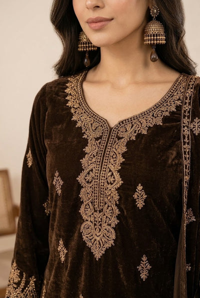 Deep Chocolate Brown & Antique: Embroidered Velvet Suit