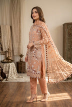Apricot Peach & Pearl White Accent: Embroidered Net Suit