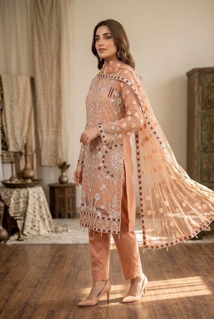 Apricot Peach & Pearl White Accent: Embroidered Net Suit