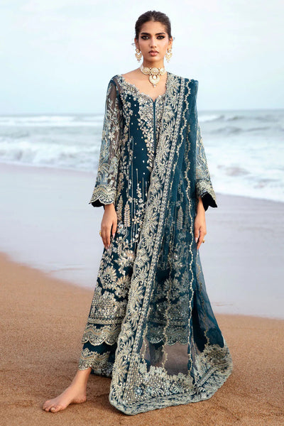 Rich Peacock Teal & Silver Embroidered Chiffon Suit