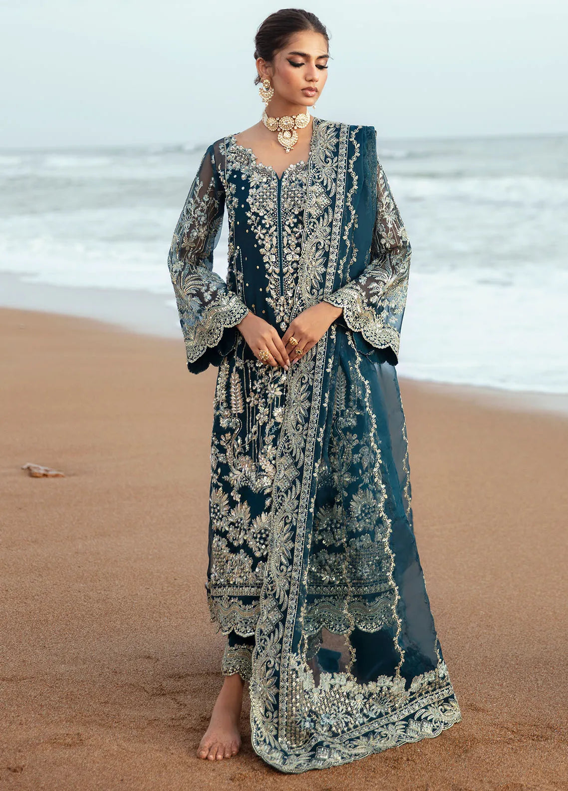 Rich Peacock Teal & Silver Embroidered Chiffon Suit