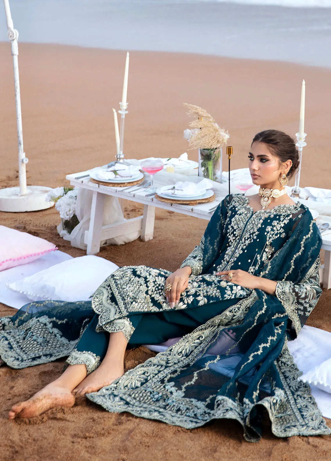Rich Peacock Teal & Silver Embroidered Chiffon Suit