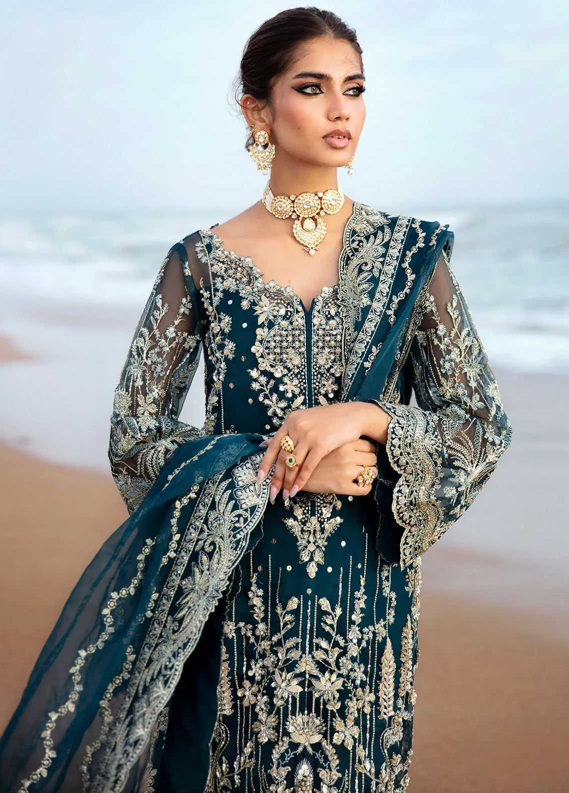 Rich Peacock Teal & Silver Embroidered Chiffon Suit