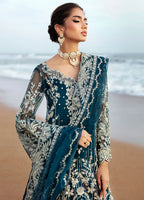 Rich Peacock Teal & Silver Embroidered Chiffon Suit