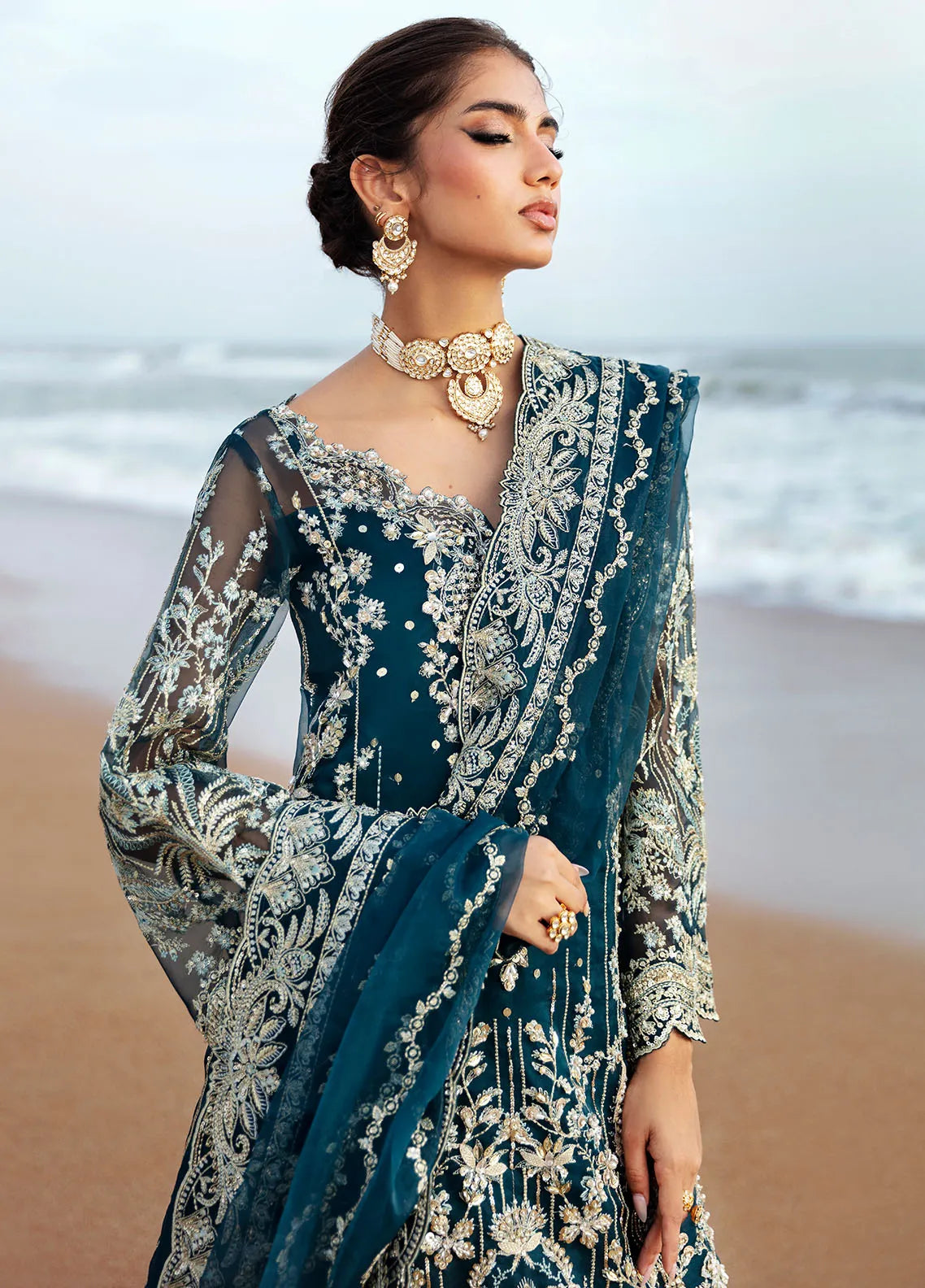 Rich Peacock Teal & Silver Embroidered Chiffon Suit