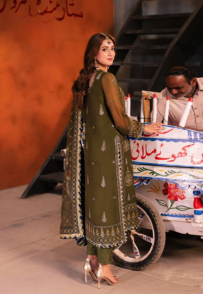 Deep Olive Green & Antique Gold: Embroidered Chiffon Suit