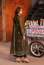 Deep Olive Green & Antique Gold: Embroidered Chiffon Suit