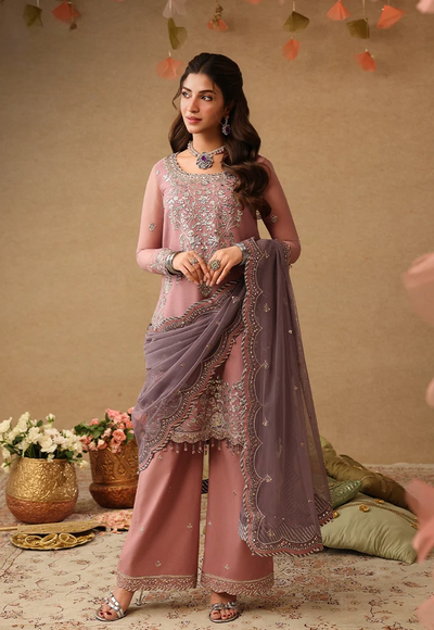 Mauve Pink & Metallic Silver: Embroidered Chiffon Suit