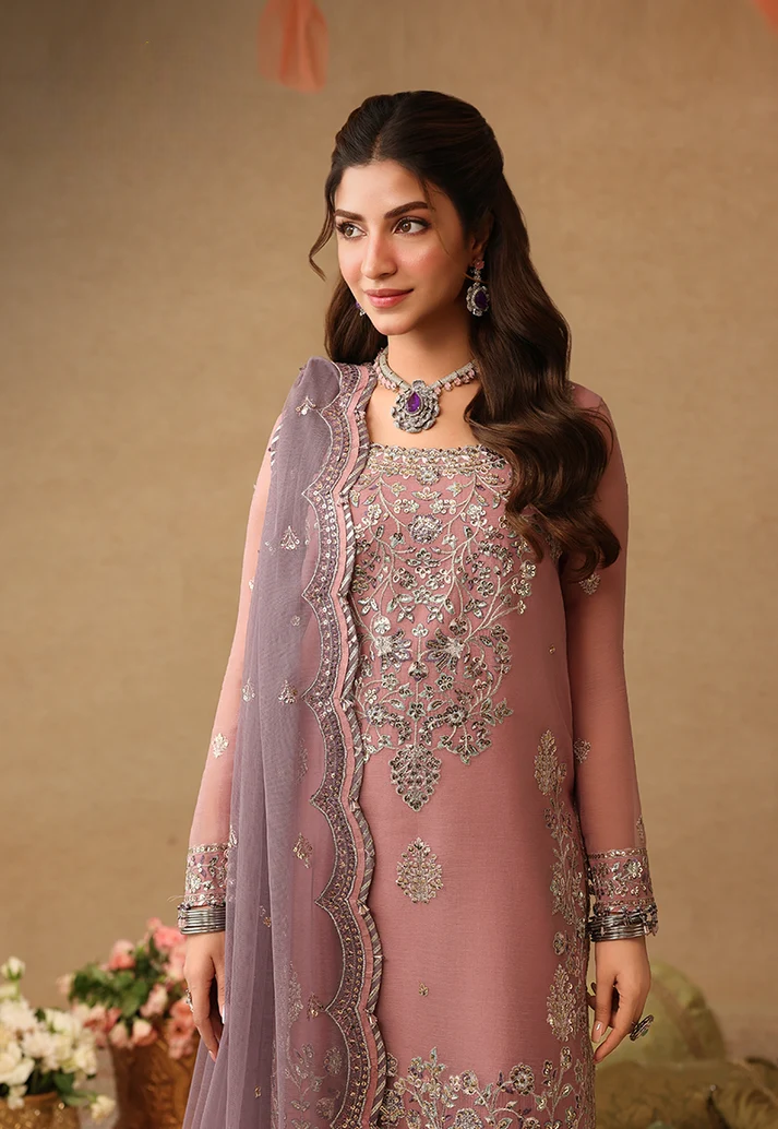 Mauve Pink & Metallic Silver: Embroidered Chiffon Suit
