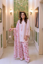 Ivory White & Blush Pink: Floral Printed Silk Suit | Ready To Wear