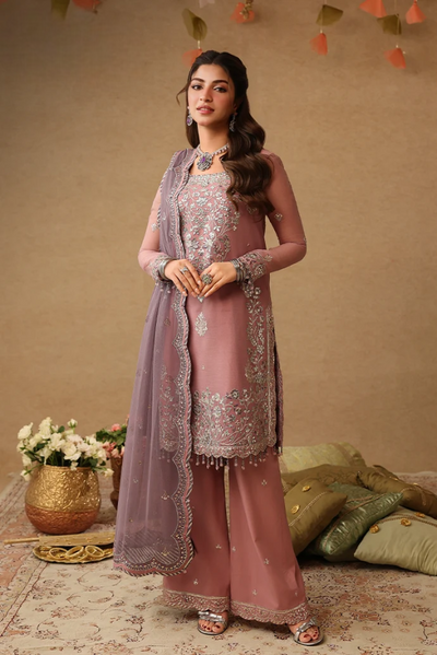 Mauve Pink & Metallic Silver: Embroidered Chiffon Suit