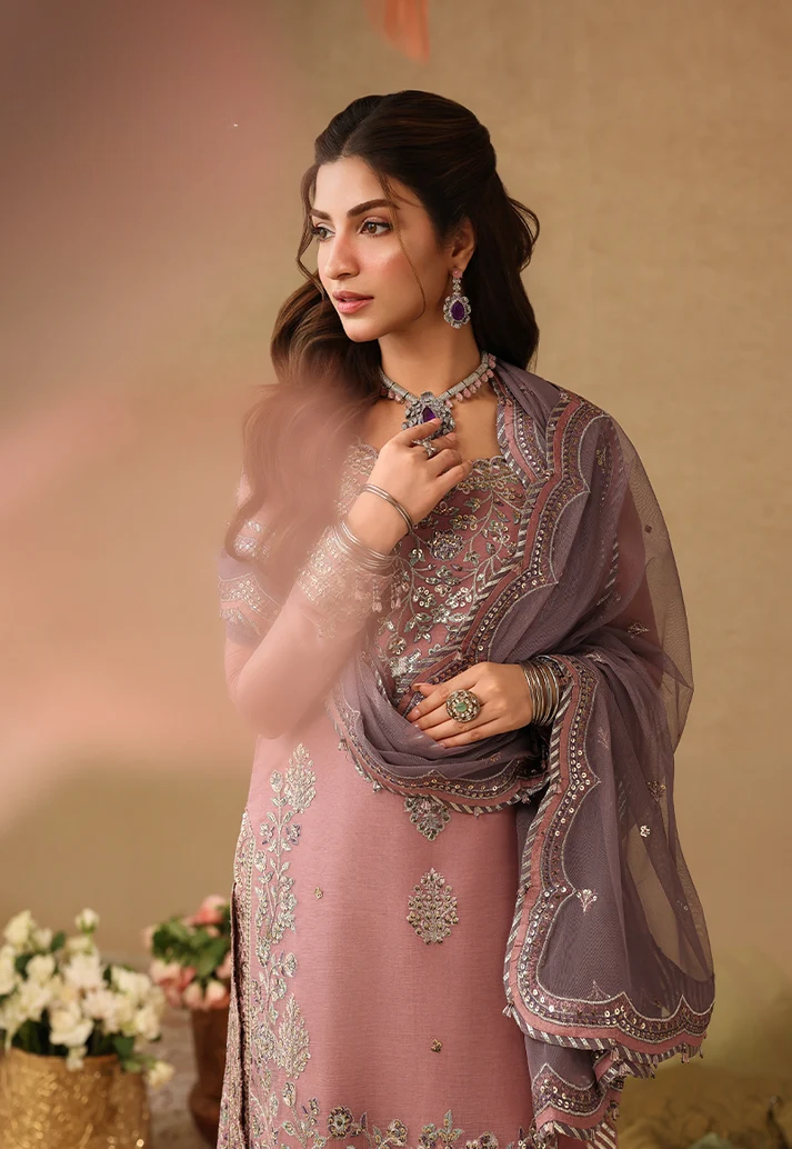 Mauve Pink & Metallic Silver: Embroidered Chiffon Suit