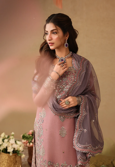 Mauve Pink & Metallic Silver: Embroidered Chiffon Suit