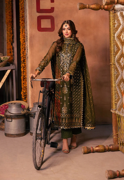 Deep Olive Green & Antique Gold: Embroidered Chiffon Suit