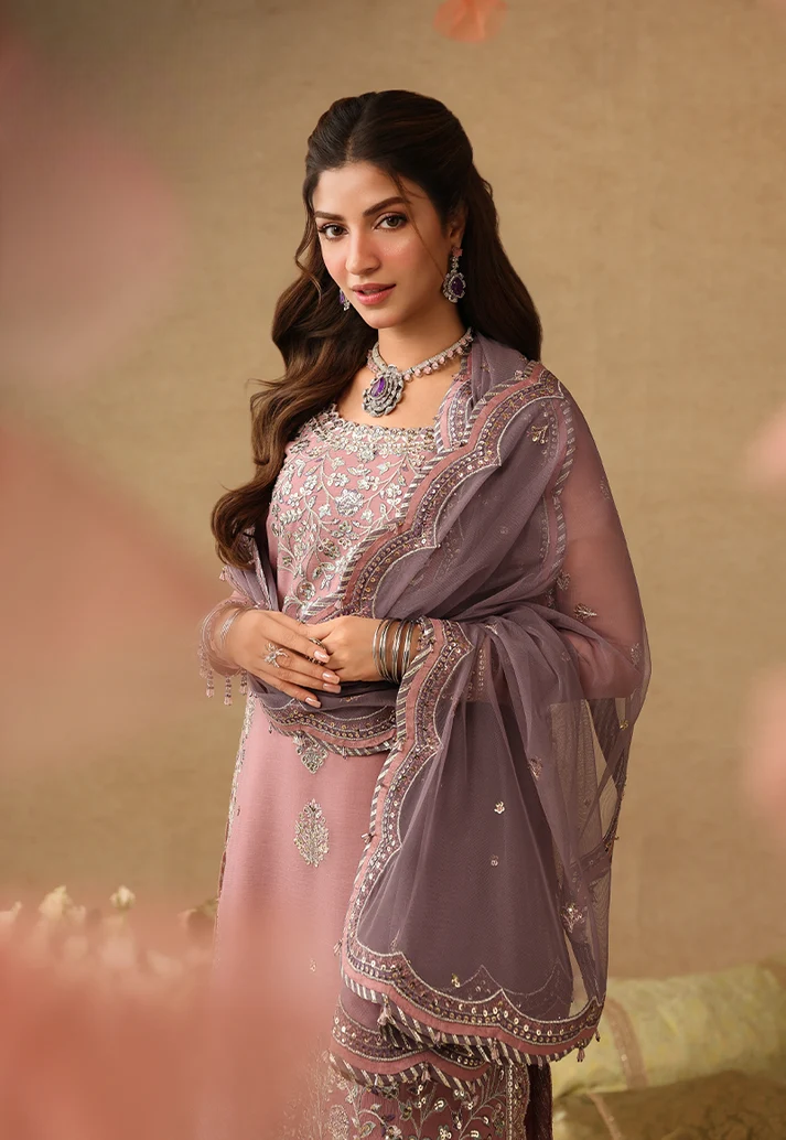 Mauve Pink & Metallic Silver: Embroidered Chiffon Suit