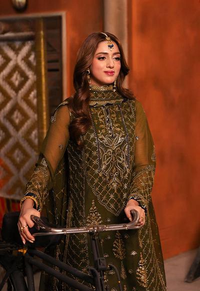 Deep Olive Green & Antique Gold: Embroidered Chiffon Suit