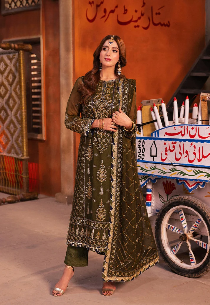 Deep Olive Green & Antique Gold: Embroidered Chiffon Suit
