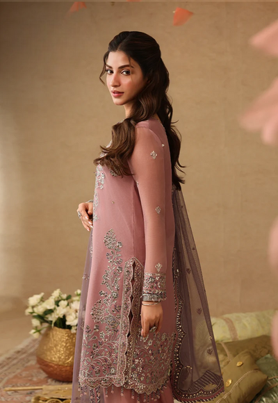Mauve Pink & Metallic Silver: Embroidered Chiffon Suit