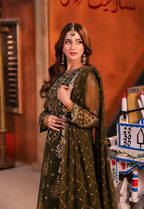 Deep Olive Green & Antique Gold: Embroidered Chiffon Suit